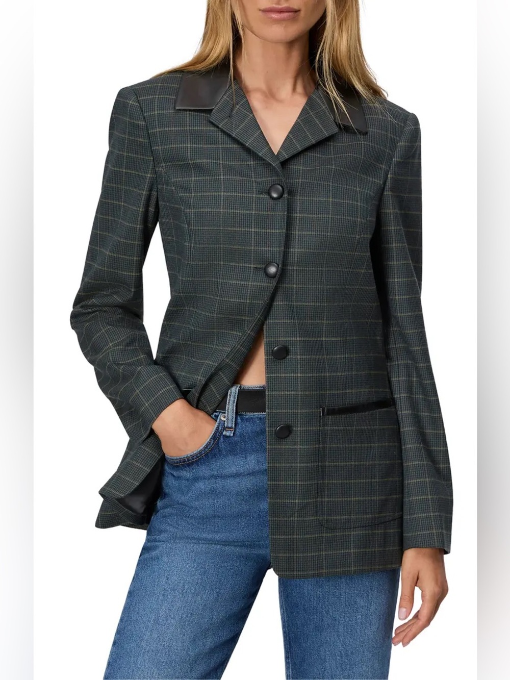 rag & bone Women’s Green Plaid Blazer with Faux Collar